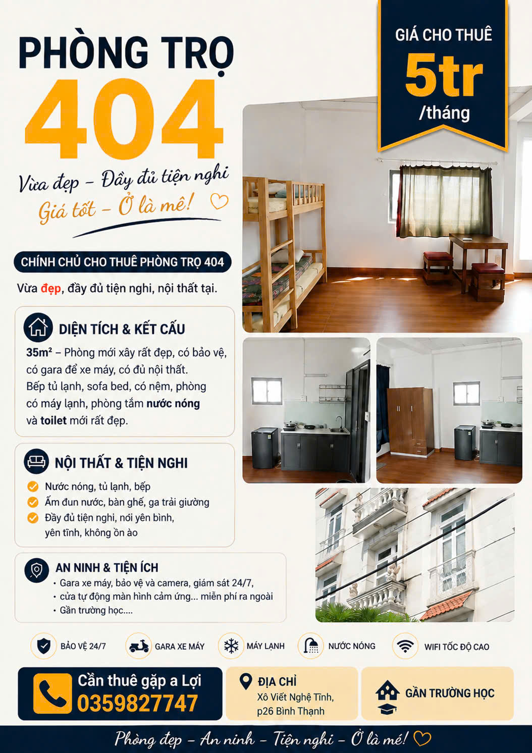 Chính Chủ Cho Thuê Phòng 35m² – Full Nội Thất – Có Máy Lạnh – Bình Thạnh
