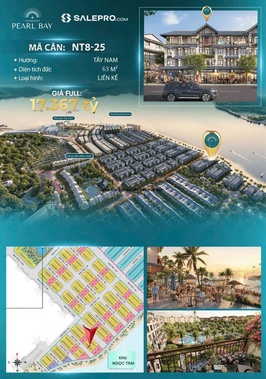 BÁN LIỀN KỀ VINHOMES PEARL BAY – KHU NGỌC TRAI | NT8-25 | 63M² | CÁCH BIỂN 28M | 4 TẦNG | THANH TOÁN SỚM 16,06 TỶ