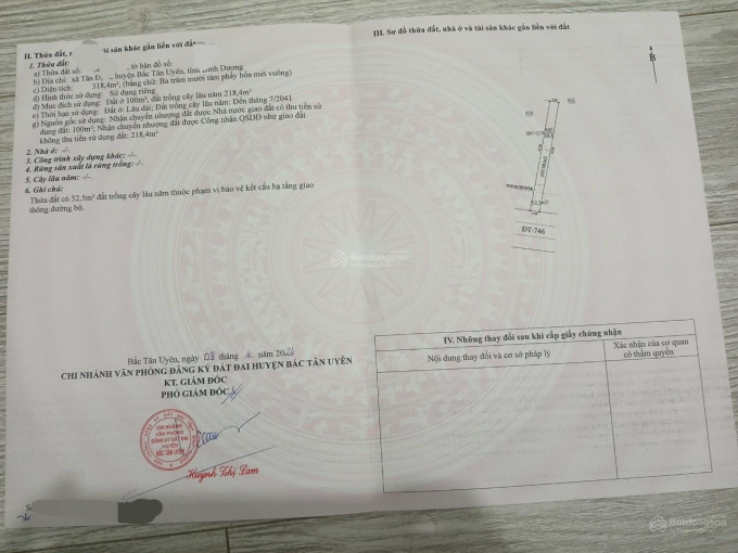 Bán đất mặt tiền đường DT746, xã Tân Định, Bắc Tân Uyên, Bình Dương.