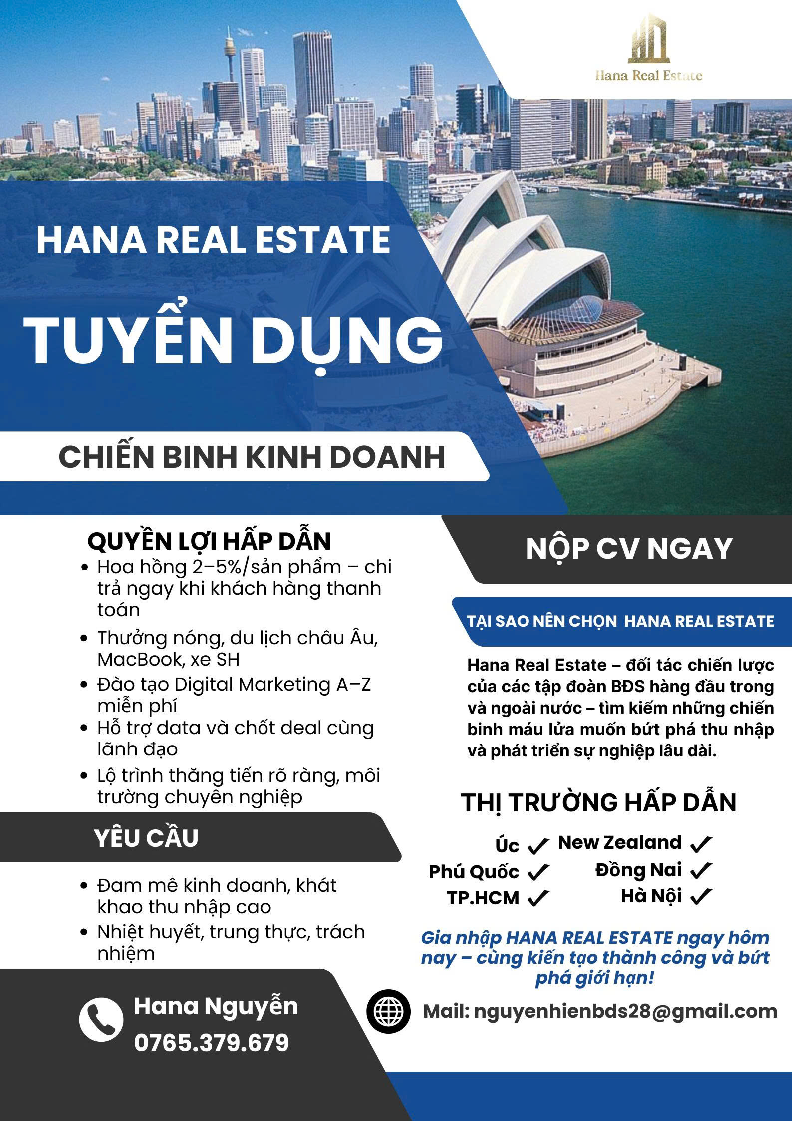HANA REAL ESTATE TUYỂN DỤNG CHIẾN BINH KINH DOANH