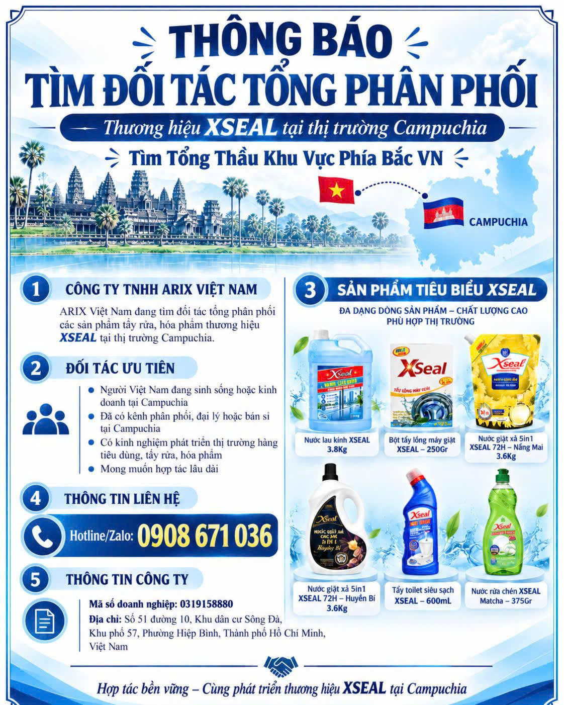 ARIX VIỆT NAM TÌM ĐỐI TÁC TỔNG ĐẠI LÝ PHÂN PHỐI THƯƠNG HIỆU TẨY RỬA XSEAL TẠI HAI THỊ TRƯỜNG: CAMPUCHIA VÀ MIỀN BẮC VIỆT NAM